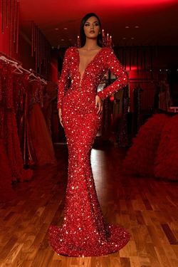 Style AD546 Albina Dyla Red Size 0 V Neck Shiny Tall Height Straight Dress on Queenly