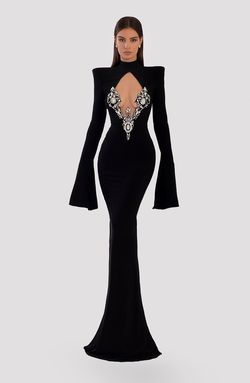 Style AD5003 Albina Dyla Black Size 12 Long Sleeve Plus Size Pageant Floor Length Jewelled Straight Dress on Queenly