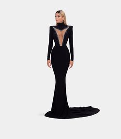 Style AD2039 Albina Dyla Black Size 0 High Neck Sleeves Floor Length Mermaid Dress on Queenly