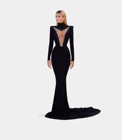 Style AD2039 Albina Dyla Black Size 8 High Neck Floor Length Train Mermaid Dress on Queenly