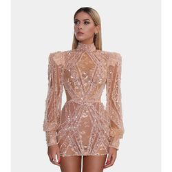 Style AD2005 Albina Dyla Gold Size 8 High Neck Jewelled Lace Cocktail Dress on Queenly