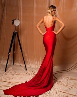 Style AD2066 Albina Dyla Red Size 0 Black Tie Shiny Ad2066 Straight Dress on Queenly