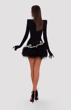 Style AD5029 Albina Dyla Black Size 0 Tall Height Long Sleeve Feather High Neck Cocktail Dress on Queenly