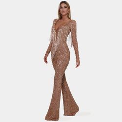 Style AD1958 Albina Dyla Gold Size 0 Sleeves V Neck Long Sleeve Jumpsuit Dress on Queenly