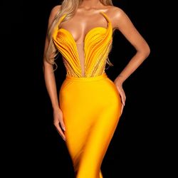 Style AD1963 Albina Dyla Yellow Size 8 Tall Height Corset Pageant Floor Length Mermaid Dress on Queenly