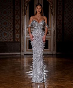 Style AD2909 Albina Dyla Silver Size 4 Jewelled Fitted Straight Dress on Queenly
