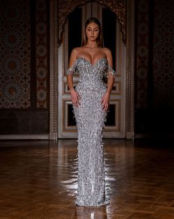 Style AD2909 Albina Dyla Silver Size 12 Jewelled Plus Size Fitted Straight Dress on Queenly