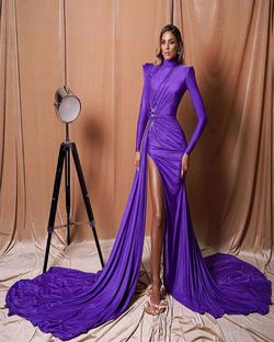 Style AD2074 Albina Dyla Purple Size 4 Floor Length High Neck Ad2074 Side slit Dress on Queenly