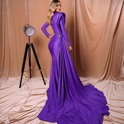 Style AD2074 Albina Dyla Purple Size 8 Floor Length High Neck Side slit Dress on Queenly