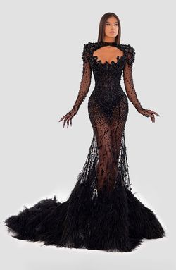 Style AD5031 Albina Dyla Black Size 20 Pageant Floor Length Feather Train Straight Dress on Queenly