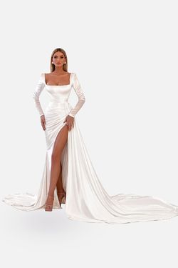 Style AD4002 Albina Dyla White Size 8 Floor Length Long Sleeve Velvet Side slit Dress on Queenly