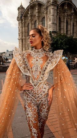 Style AD2114 Albina Dyla Gold Size 0 Sleeves Long Sleeve Sequin Jewelled Cape Jumpsuit Dress on Queenly