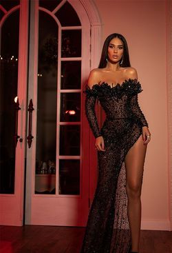 Style AD2228 Albina Dyla Black Size 12 Sequined Side slit Dress on Queenly