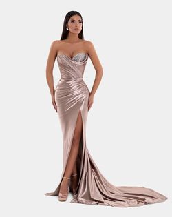 Style AD5124 Albina Dyla Gold Size 4 Satin Floor Length Side slit Dress on Queenly