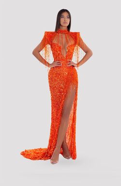 Style AD5034 Albina Dyla Orange Size 0 Black Tie Pageant Tall Height Straight Dress on Queenly