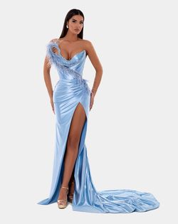 Style AD5117 Albina Dyla Blue Size 8 Sequined Pageant Side slit Dress on Queenly