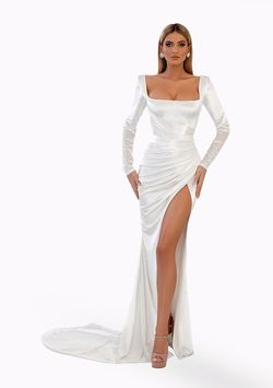 Style AD4003 Albina Dyla White Size 8 Square Neck Pageant Long Sleeve Ad4003 Side slit Dress on Queenly