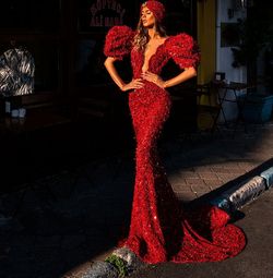 Style AD2092 Albina Dyla Red Size 0 Pageant Sleeves Sequin V Neck Jewelled Mermaid Dress on Queenly