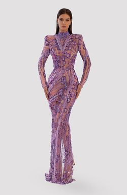 Style AD5007 Albina Dyla Purple Size 0 Ad5007 High Neck Embroidery Straight Dress on Queenly