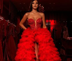 Style AD529 Albina Dyla Red Size 4 Corset Train Straight Dress on Queenly