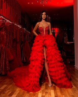 Style AD529 Albina Dyla Red Size 8 Corset V Neck Tulle Floor Length Straight Dress on Queenly