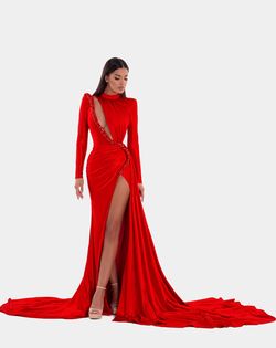 Style AD5107 Albina Dyla Red Size 0 Black Tie Pageant Side slit Dress on Queenly