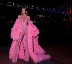 Style AD2111 Albina Dyla Pink Size 0 Cape Floor Length V Neck Appearance Jumpsuit Dress on Queenly