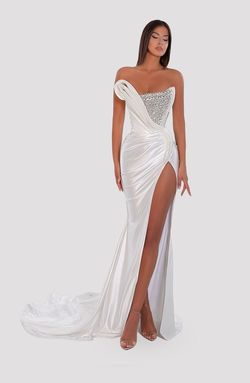 Style AD5044 Albina Dyla White Size 4 Floor Length Corset Satin Silk Straight Dress on Queenly