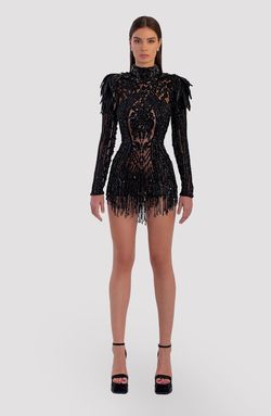 Style AD5009 Albina Dyla Black Size 8 Sequined Ad5009 Sequin Fringe Straight Dress on Queenly