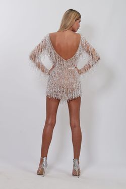 Style AD1660 Albina Dyla Silver Size 0 Sequined Fringe High Neck Jewelled Cocktail Dress on Queenly
