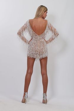 Style AD1660 Albina Dyla Silver Size 12 Fringe High Neck Sequin Sequined Sleeves Cocktail Dress on Queenly