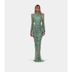 Style AD2007 Albina Dyla Green Size 0 Pageant High Neck Embroidery Straight Dress on Queenly