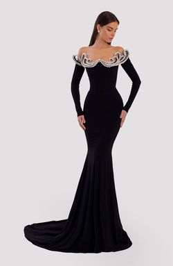 Style AD5010 Albina Dyla Black Size 4 Tall Height Sequin Sleeves Jewelled Corset Straight Dress on Queenly