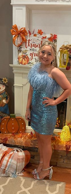 Sherri Hill Light Blue Size 10 Feather Appearance Midi Cocktail Dress on Queenly