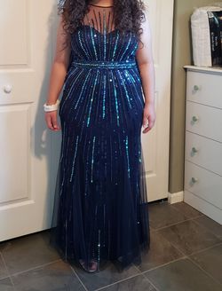 Faviana Blue Size 16 Jersey Plus Size Floor Length Straight Dress on Queenly