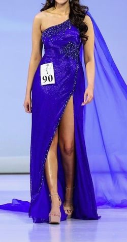 Sherri Hill Royal Blue Size 6 Jewelled Cape Side slit Dress on Queenly