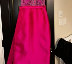 Jovani Hot Pink Size 2 Embroidery Silk Train Dress on Queenly