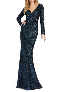 Mac Duggal Blue Size 2 Sequin Polyester Shiny Sleeves Mermaid Dress on Queenly