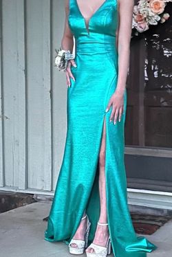 Jovani Green Size 00 Plunge Emerald Side Slit Train Dress on Queenly