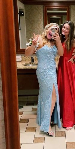 Sherri Hill Blue Size 12 Jewelled Tulle Prom Lace Side slit Dress on Queenly