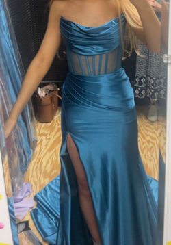 Sherri Hill Blue Size 4 Floor Length Strapless Sheer Mermaid Dress on Queenly