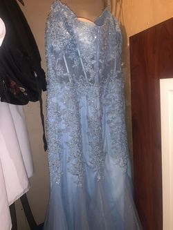 Style 7733 Lets Blue Size 26 Embroidery Floor Length Sheer Jewelled Ball gown on Queenly