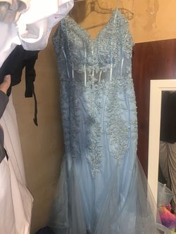 Style 7733 Lets Blue Size 26 Embroidery Floor Length Sheer Jewelled Ball gown on Queenly