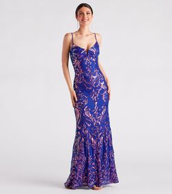 Style 05002-6917 Windsor Blue Size 12 Pattern Homecoming Wedding Guest Prom Sheer Mermaid Dress on Queenly