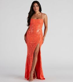 Style 05002-2053 Windsor Orange Size 4 Padded Sheer Midi Side slit Dress on Queenly