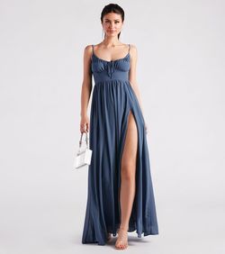 Style 05002-6806 Windsor Blue Size 4 Bridesmaid A-line Midi Cocktail Side slit Dress on Queenly