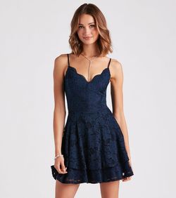 Style 05101-1780 Windsor Blue Size 4 Ruffles Cocktail Flare V Neck Straight Dress on Queenly