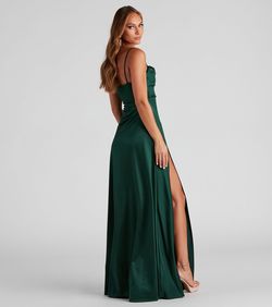 Style 05002-2119 Windsor Green Size 0 Bridesmaid Party Silk Shiny Side slit Dress on Queenly