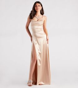 Style 05002-7006 Windsor Gold Size 0 Wedding Guest Satin Tall Height Prom Side slit Dress on Queenly