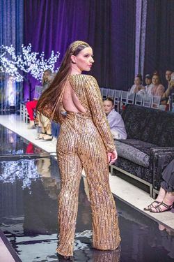 Style FUN Belle Le Chic Gold Size 6 Pageant Plunge Long Sleeve Jumpsuit Dress on Queenly